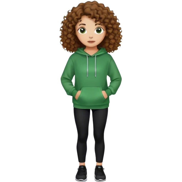 girl with brown curly hair wearing a green sweatshirt and black leggings emoji