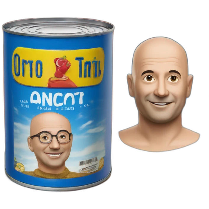 shallow rectangular tin of anchovies, looks like Ortiz brand,  with a photo of a bald man on the side, red blue yello colors emoji