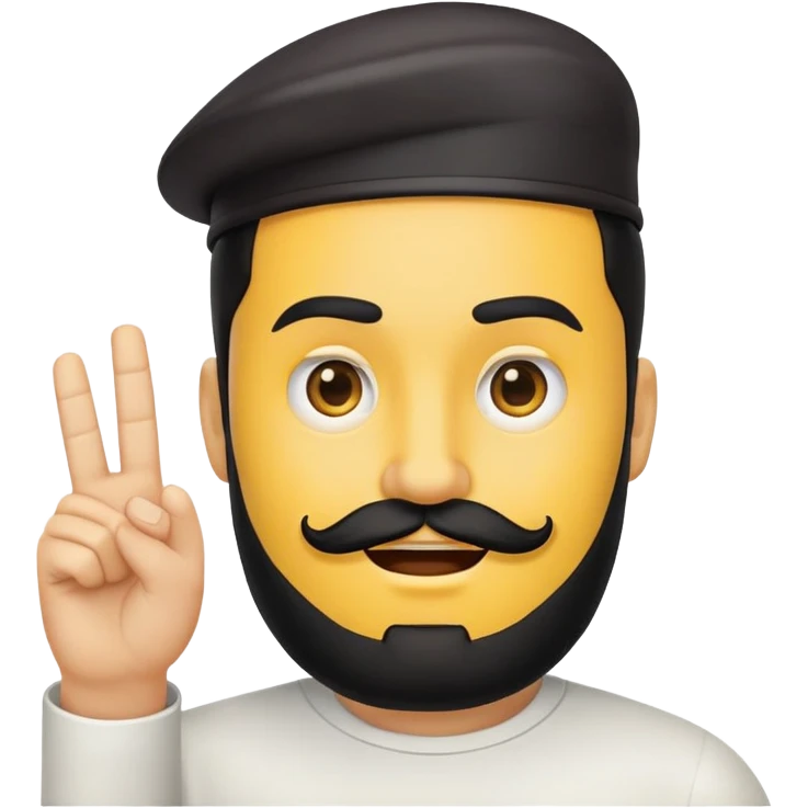 rounded yellow emoji face, black beard, side-facing mouth, one eyebrow raised, hand making a 'no' gesture emoji