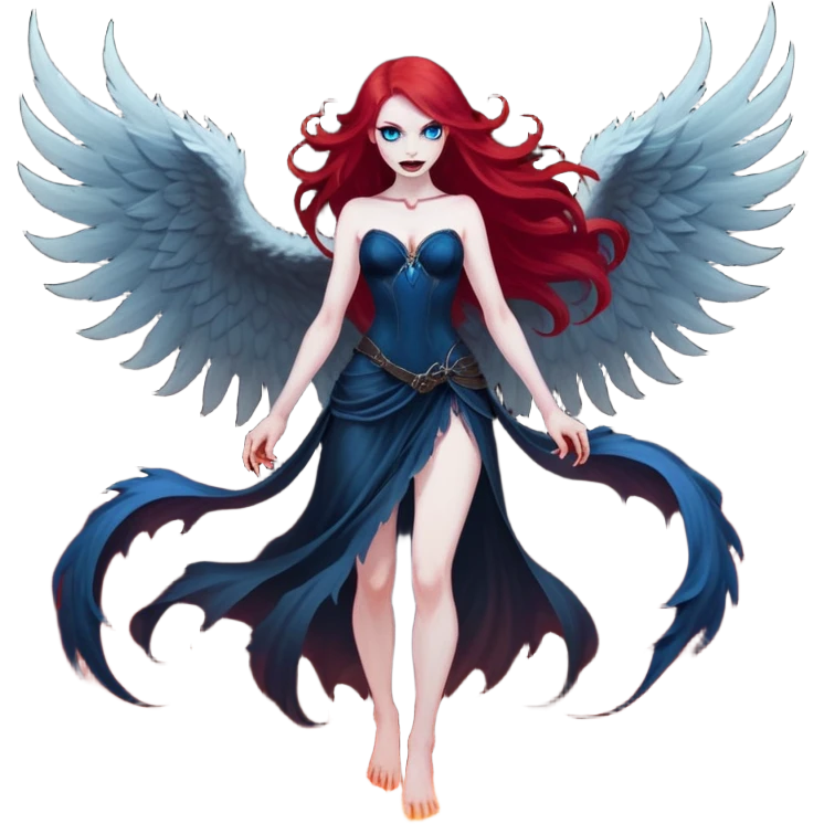 full body portrait of an extremely diabolical girl with pale white skin, massive towering wings, very long flowing blood red hair, glowing blue eyes, evil grin, no accessories, standing in thick swirling dark red and black smoke that rises up from the ground, heavy smoke effect at her feet emoji