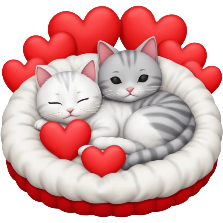 White cat and gray cat sleeping together in a bed full of hearts emoji