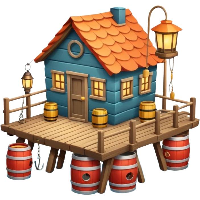 
fisherman house on a wooden pier, small dock, fishing nets hanging, barrels, lantern, ocean vibe, 3D cartoon, cute mobile game icon, clean background, no text
 emoji