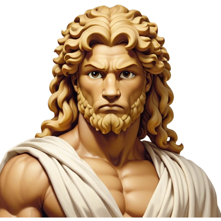Cinematic Realistic Hercules Portrait, depicted as a classical Greek hero merging the fierce masculinity of the lion-wrestling Hercules with the refined face of Michelangelo's David. His light tan, chiseled skin glows with timeless strength, and his thick, curly, golden brown hair cascades in natural, sculpted curls reminiscent of a warrior’s mane. Draped in a flowing white robe with delicate golden accents and crowned with a traditional Greek laurel wreath, his intense, determined eyes exude noble might, all rendered under dynamic natural lighting with a mythic, radiant glow. emoji