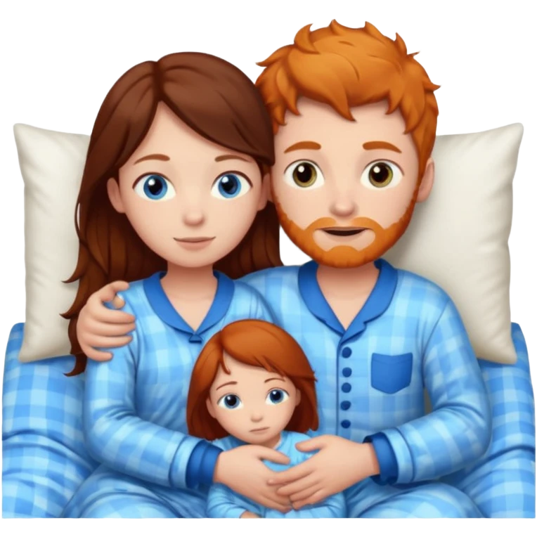 Ginger boy hugging girl with very dark brown hair. Both have blue eyes. They are in bed.  emoji