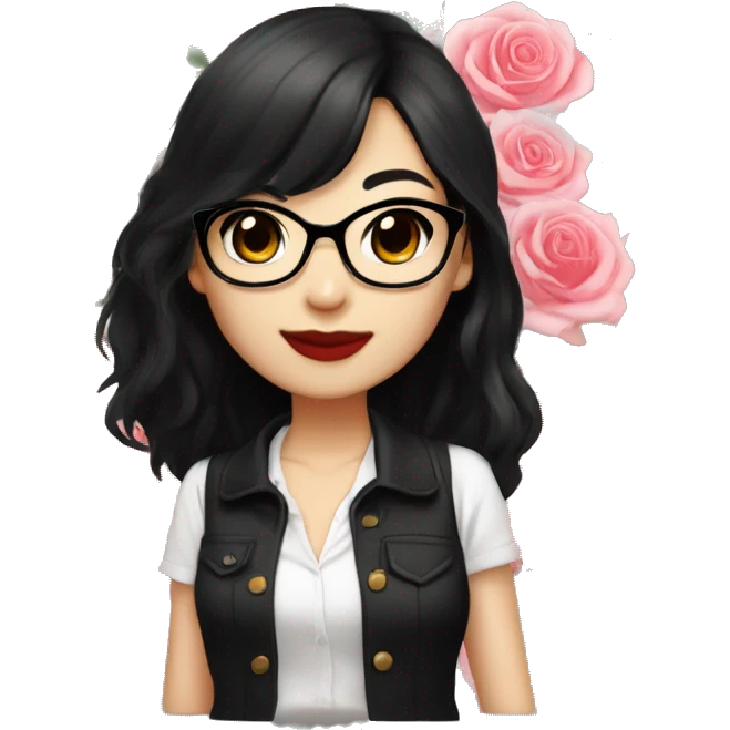 Asian girl, smiling with teeth, fair skin, black long hair, black eyes, black glasses with gold frames, red lipstick, wearing a white lace tank top and a black office jacket on top, with pink and red roses around her, chibi. emoji
