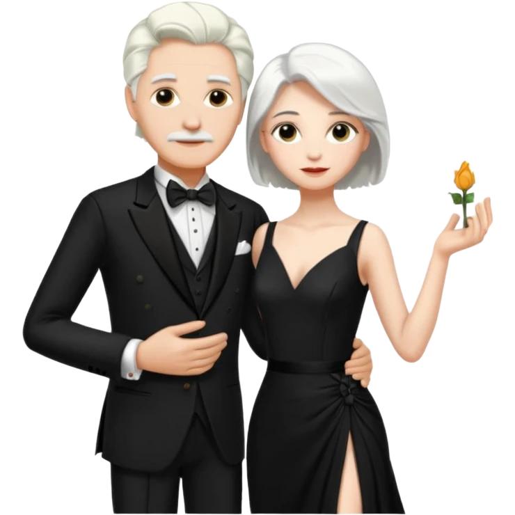 Tango couple conservative black tux for male and white long rafle dress for woman. Both male and female with white hair emoji