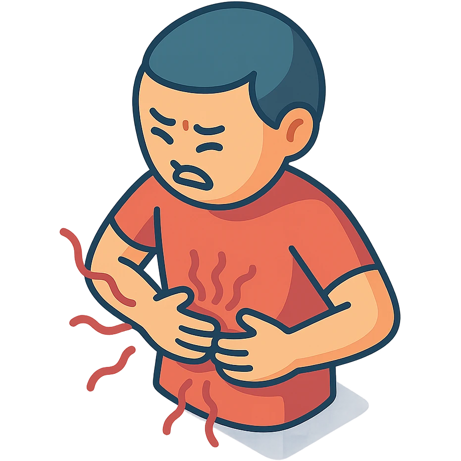 torso of a little person holding painful stomach, grimacing in pain, pain waves around, 2d isometric style, detailed shadows and highlights, torso, stomach, and arms, transparent background emoji