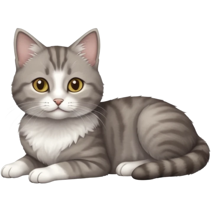 full body tiny short hair grey and white cat with white front legs anh azel eyes lying down emoji