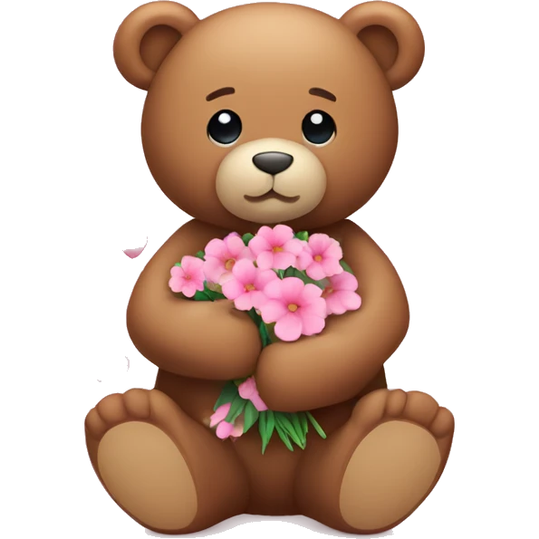 Sitting Teddy bear with Flowers in the hand and pink hearts around him emoji