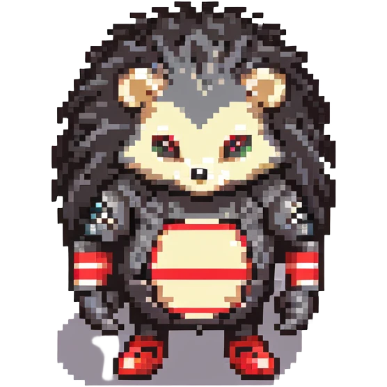 black and red hedgehog with glowing hover shoes and red stripes, standing ready for battle on metallic platforms with neon lights, dark industrial background, mysterious and edgy emoji