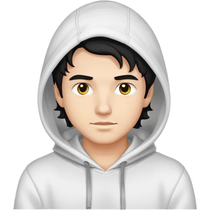 handsome young man with wavy black hair, black eyes, no beard or mustache, wearing a white hoodie, emoji style emoji