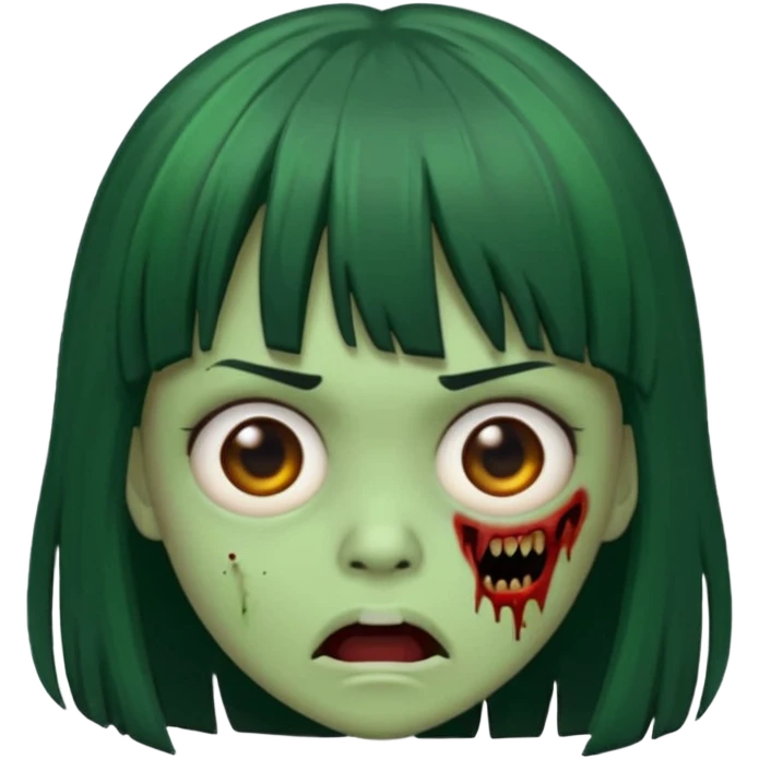 scary zombie emoji, green skin, medium black hair with bangs, terrified expression emoji