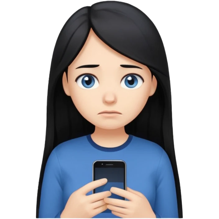 Cartoon emoji of a girl with long, straight black hair, fair skin, gentle blue eyes. Wearing a navy top, looking miserable and stressed, scrolling on her phone or watching TikTok. Smooth, simple, stylized. emoji