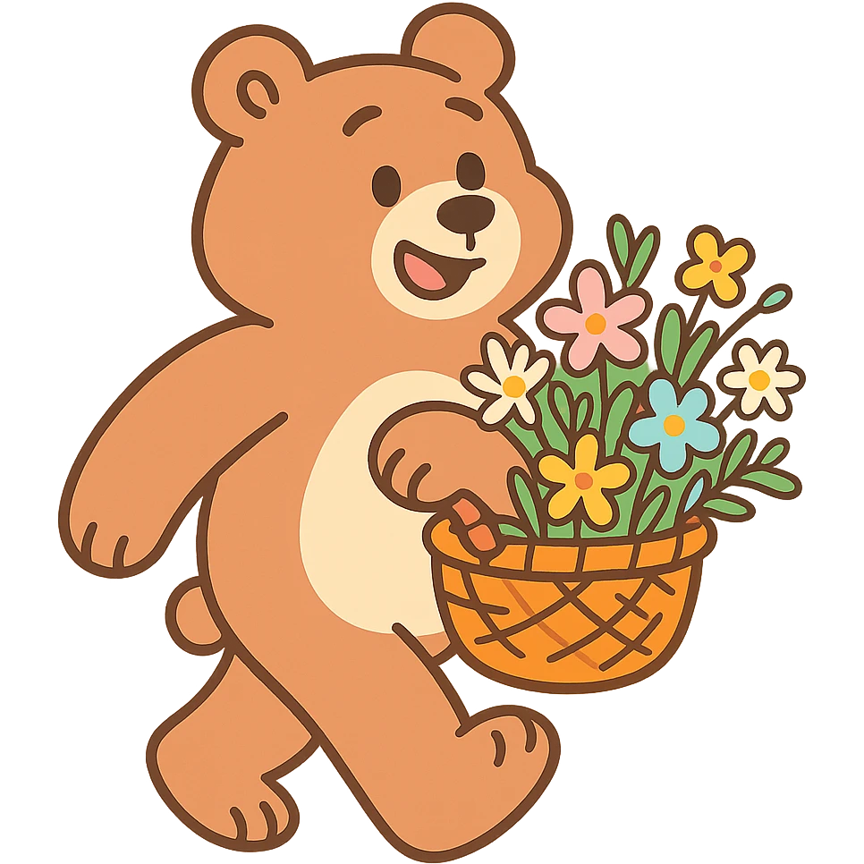 bear carrying a basket of wildflowers, soft pastel brown and cream, pastel toon style emoji