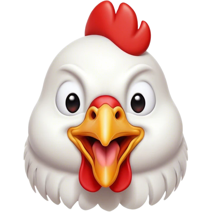 Cinematic Comical White Chicken Portrait Emoji, Head tilted dramatically with an exaggeratedly shocked or amused expression, featuring a sleek, immaculate white plumage with a prominent red comb, wide, expressive beady eyes filled with playful disbelief, Simplified yet hilariously expressive features, highly detailed, glowing with a slightly sassy glow, high shine, dramatic yet playful, stylized with an air of cheeky mischief, bright and endearing, soft glowing outline, capturing the essence of a spirited and over-the-top chicken, so meme-worthy it feels like it could cluck its way into internet fame instantly! emoji