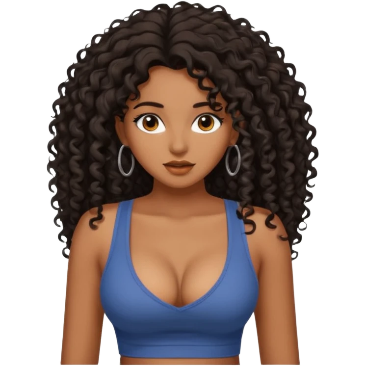 brown skinned lady with curly black hair long hair, messy, nice curves, busty, low cut tank top emoji