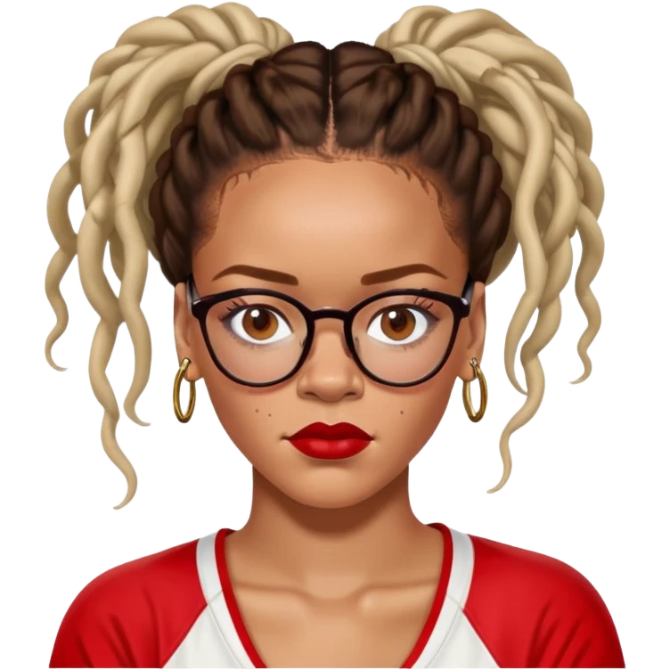 Rihanna must have freckles on nose soccer mom with updo dreadlocks from east Caribbean wearing a red and white jersey and cateye eyeglasses emoji