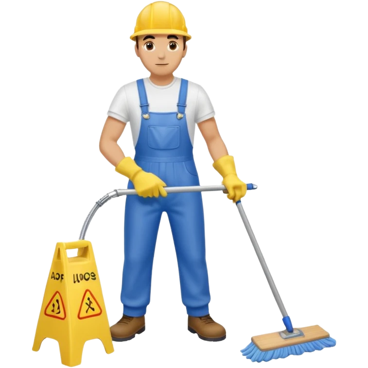 Custodian with yellow rubber gloves, white T-shirt, blue overalls, mopping floor emoji