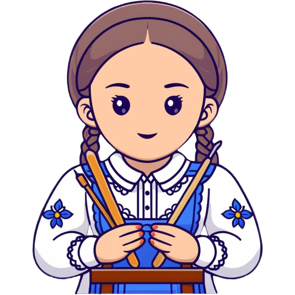 Ukrainian young girl in white embroidered traditional shirt holding needlework tools emoji