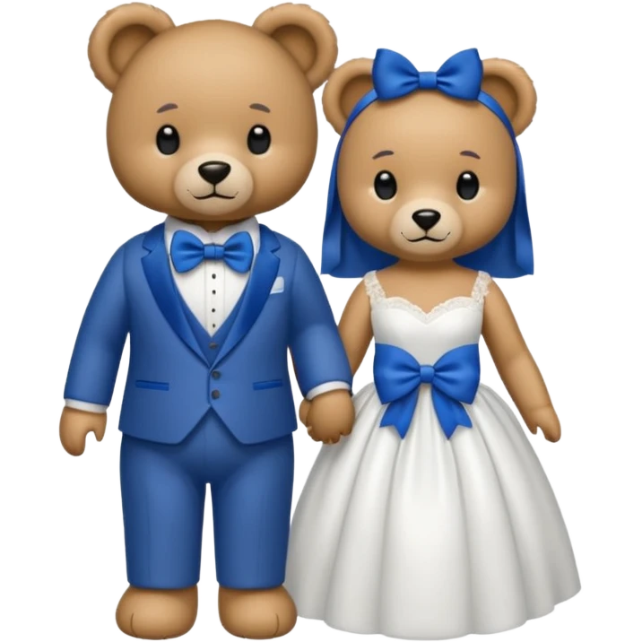 Teddy bear wearing white wedding dress holding the hand to another teddy bear wearing a big royal blue bow tie emoji
