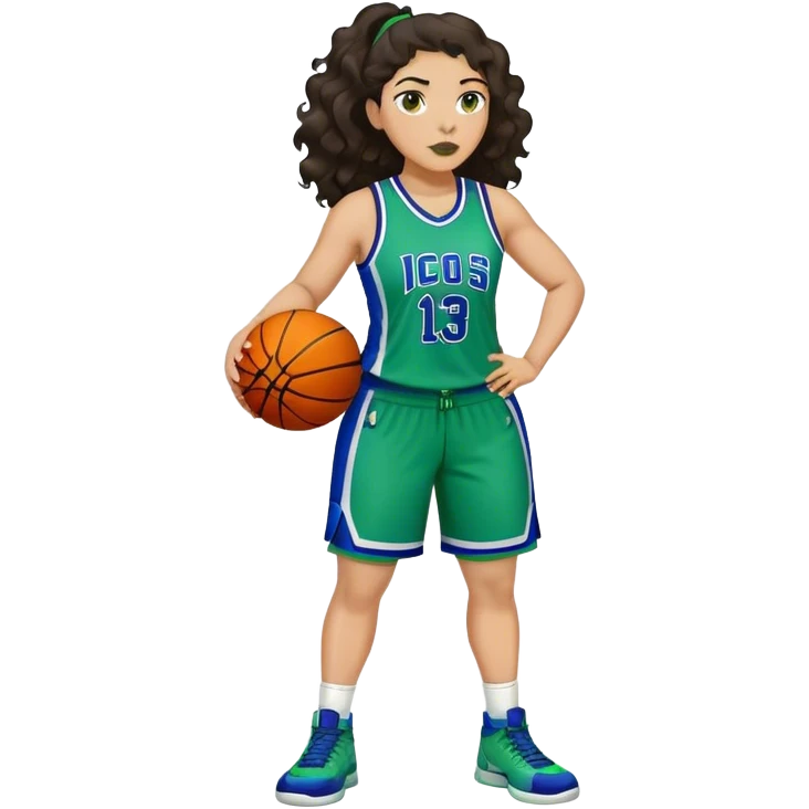 full body plus size light skin latino women basketball player with wavy dark hair large wide nose wearing blue with green uniform emoji