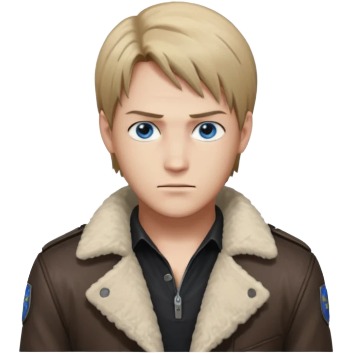 Leon Kennedy from resident evil 4 remake in sheepskin coat and black t-shirt blue eyes clean-shaved emoji
