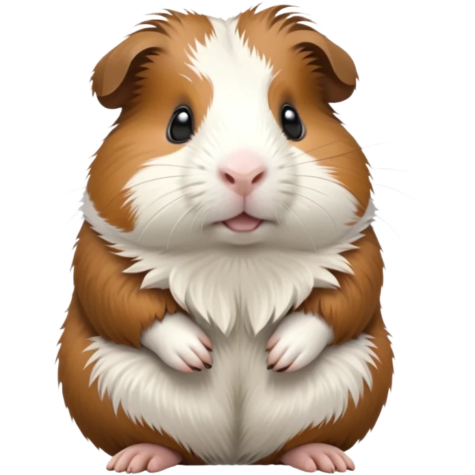 cinematic-[guinea pig]-realistic-full-body-sitting-emoji,-tiny-paws-tucked-close,-head-tilted-dramatically,-fluffy-[brown and white]-fur,-simplified-yet-realistic-focused-features,-highly-detailed,-glowing-with-an-almost-sarcastic-glow emoji