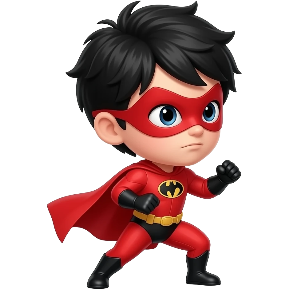 quiero que me hagas a un superheroe con el pelo negro mascara roja i con un traje rojo que sea un niño peleando mirando para la derecha emoji