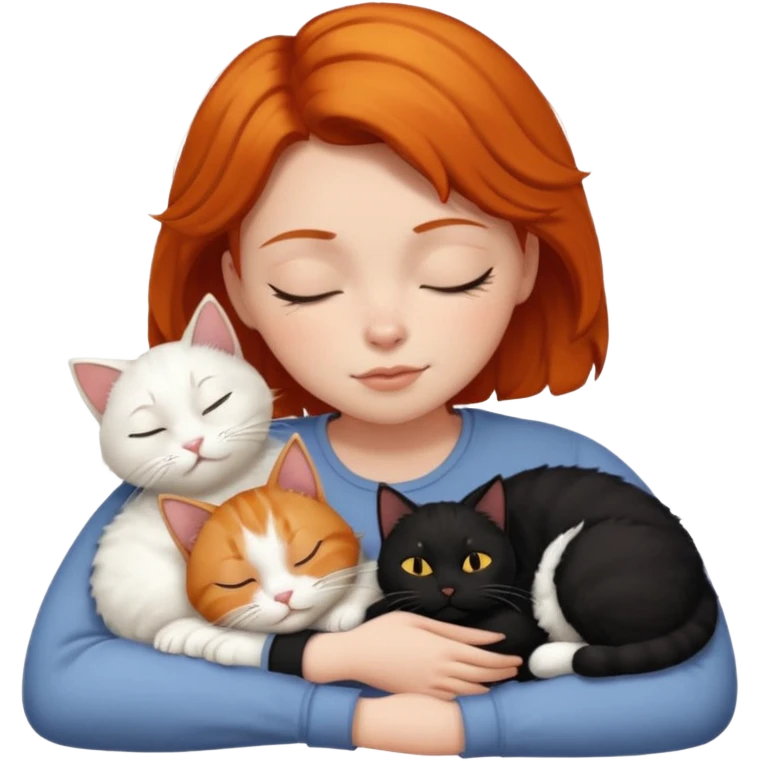 Ginger Girl short hair sleeping with two cats a black and a white bigger cat  emoji