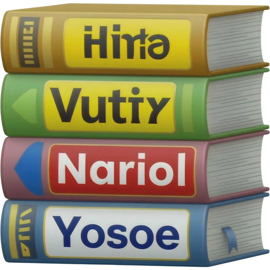 5 books laying on one another and there are different language signs on these books emoji