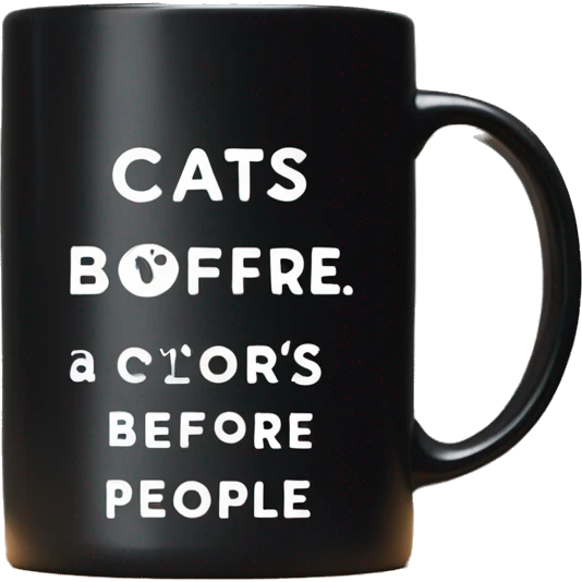 All Black coffee mug with white words that say, “cats before people” emoji