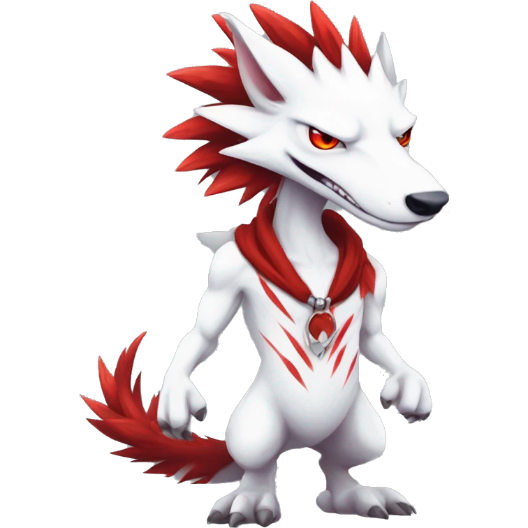 White edgy cute badass epic anthro modern albino sergal-vernid-Fakémon with red mane and red eyes with red edgy stripes, full body emoji