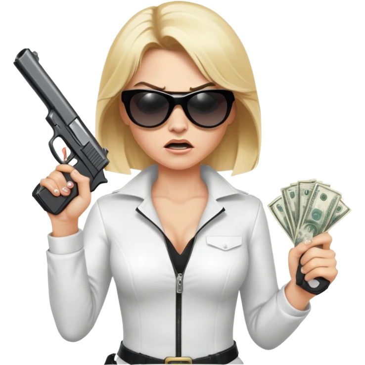 Mafia blondes angry woman in sunglasses, gun ,money , white costume  emoji