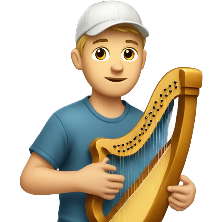 Young white guy casual with ball cap playing a big harp that looks similar to a banjo  emoji
