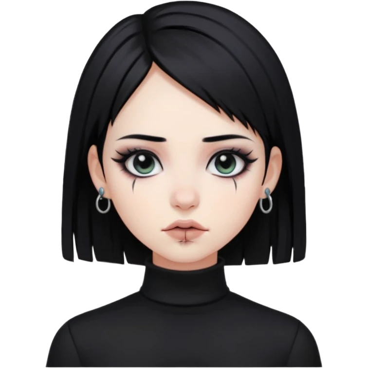 goth girl, straight black hair, verticals labret piercing, black mock neck shirt emoji