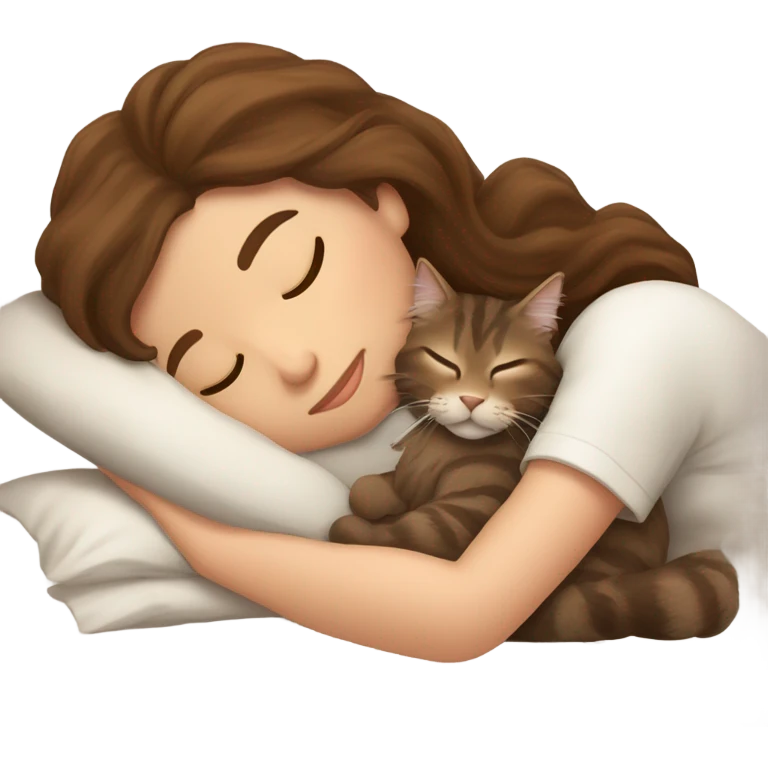 Brown-haired girl sleeping with her brown maine coon cat  emoji