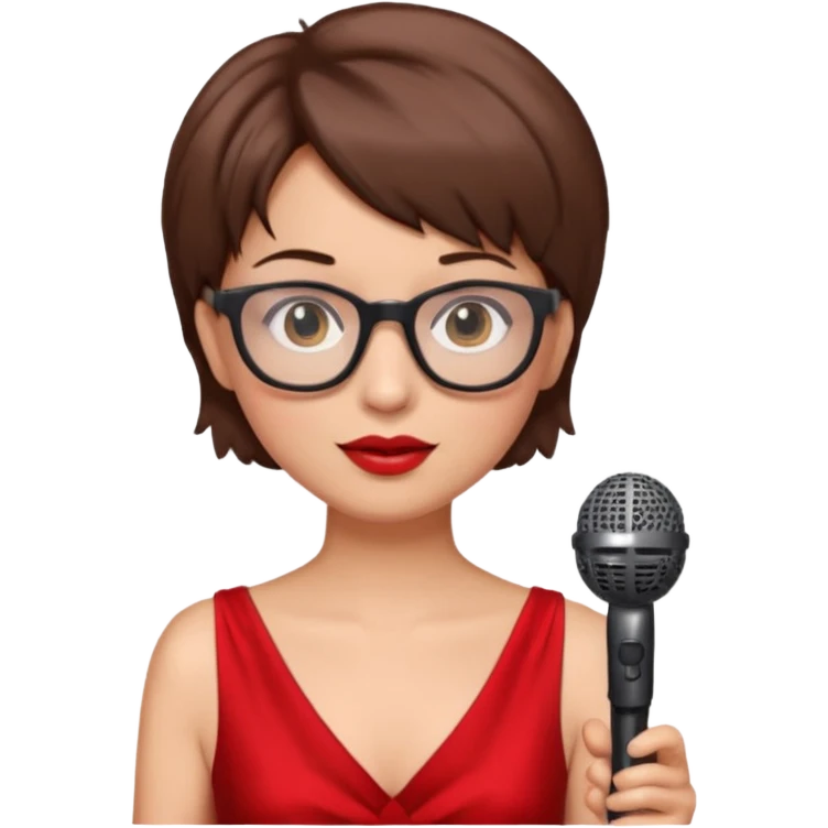 singer, Old, brown short hair, holding mic, red dress, glasses emoji