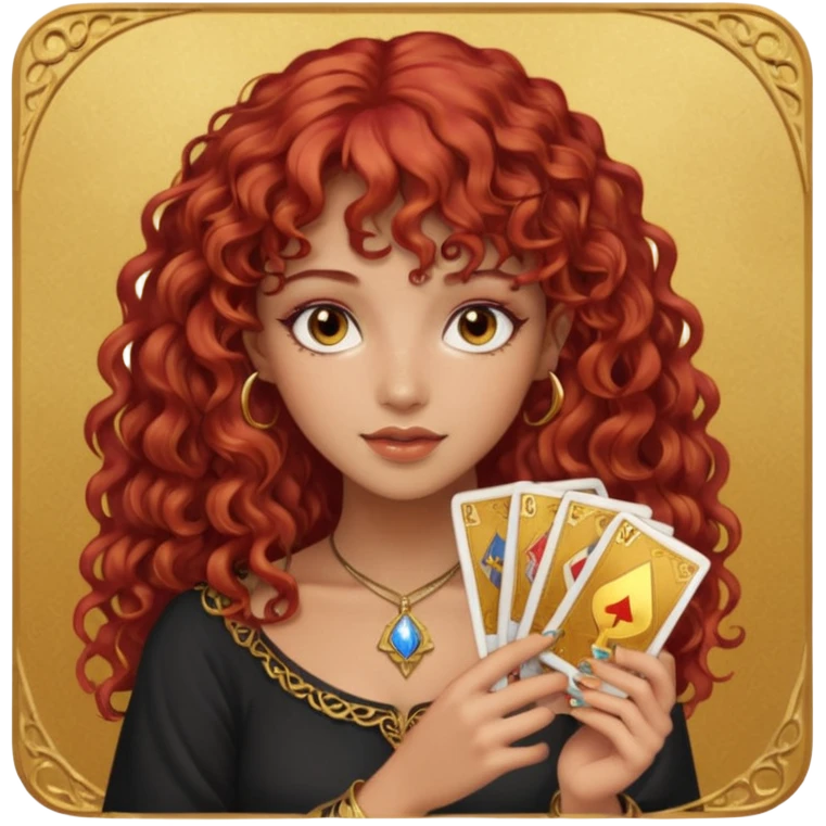 Red curly hair with bangs beautiful girl with brown tarot gold cards emoji