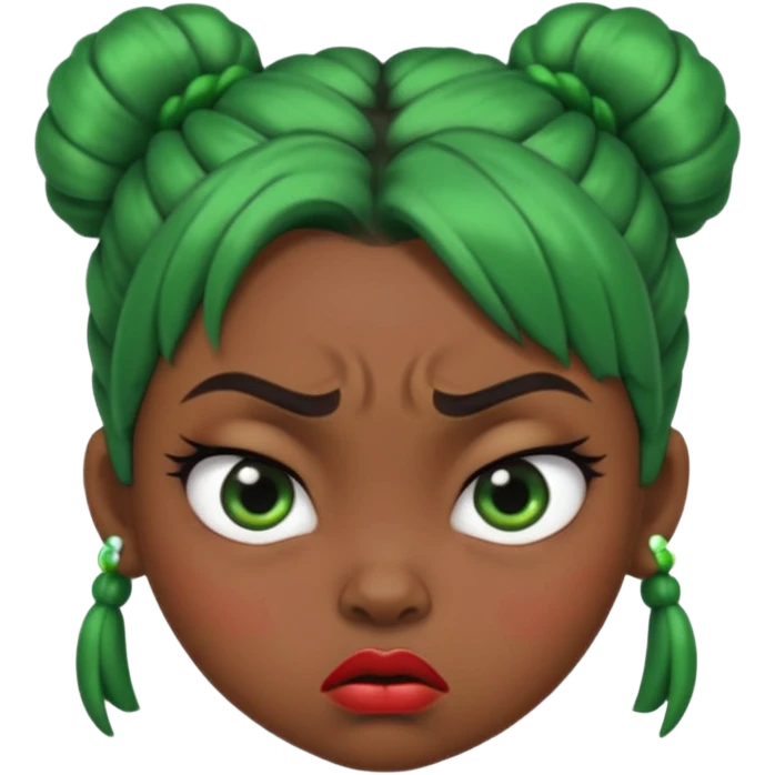 Create a 3D cartoon-style girl character with dark skin, round face, angry expression, big wide eyes, and tightly styled double buns made of green beaded hair. The girl should look irritated, eyebrows sharply angled, and lips pressed in a frown. emoji