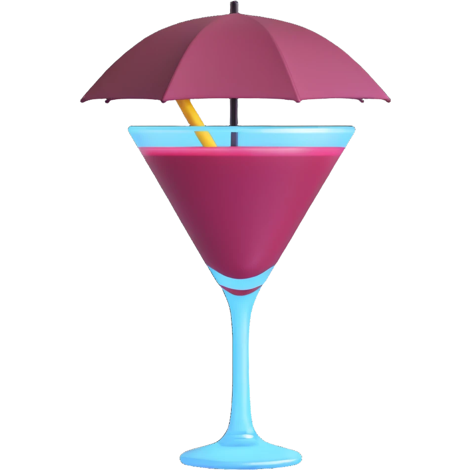 3D emoji style cocktail glass with burgundy drink and a tiny umbrella emoji