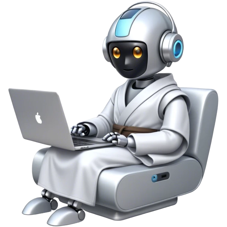 Emoji of a remote-working robot in a cozy smooth bathrobe with a laptop. The robot has a sleek helmet-like head with LED digital eyes. Relaxed yet high-tech vibe. emoji