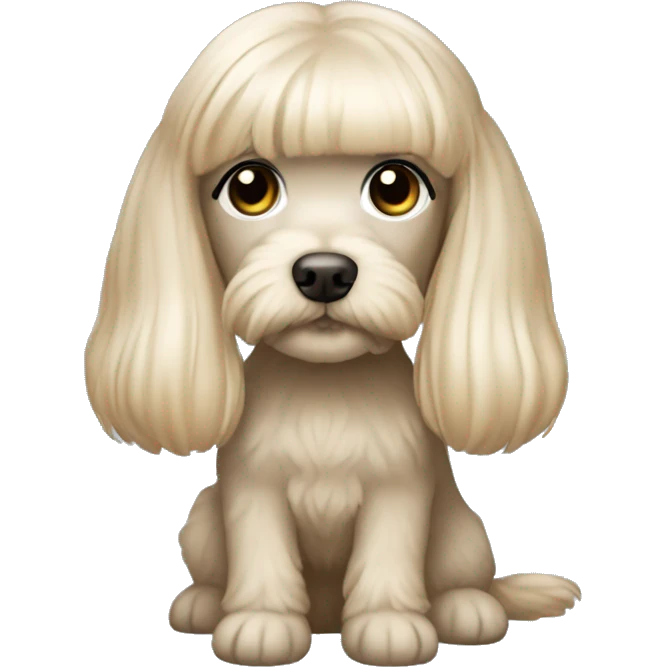 Blonde long straight hair girl gray-blue eyes with maltipoo beige emoji