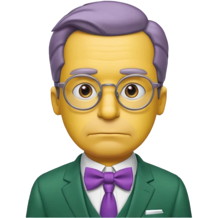 simpsons yellow man with neatly parted brown-gray hair, thick rectangular eyebrows, large round eyes behind thin glasses, a pointed nose, and a green suit with a white collar and purple bow tie. emoji