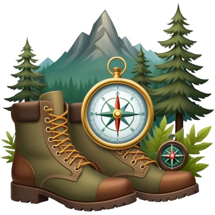 emoji for Hunting Tourism: a rifle, hunting boots, and a compass on a forest background, with a silhouette of wildlife in the distance. The icon should capture the adventure and connection with nature in hunting tourism. Transparent background. emoji