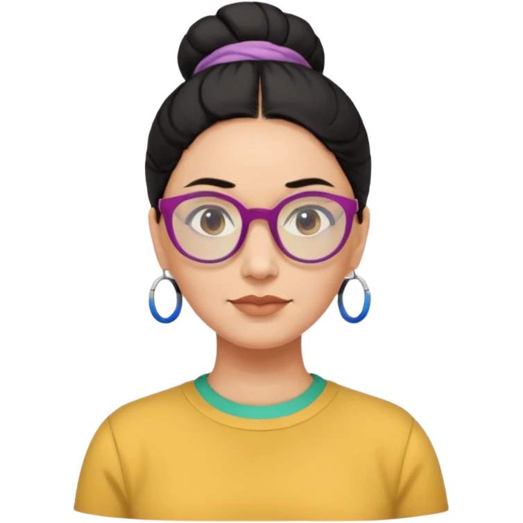 light skin middle aged with low bun in one black hair with multi colored glasses emoji