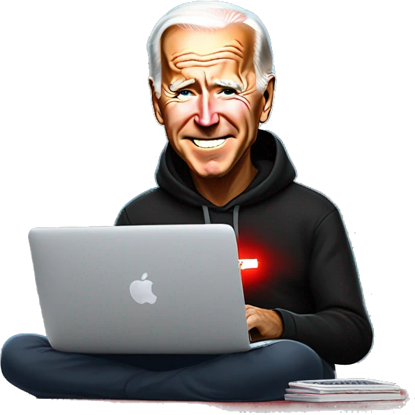 joe biden in a black hoodie with bright red glowing laser eyes typing on a macbook, joe biden, black hoodie, bright red glowing eyes, typing on macbook, joe biden emoji