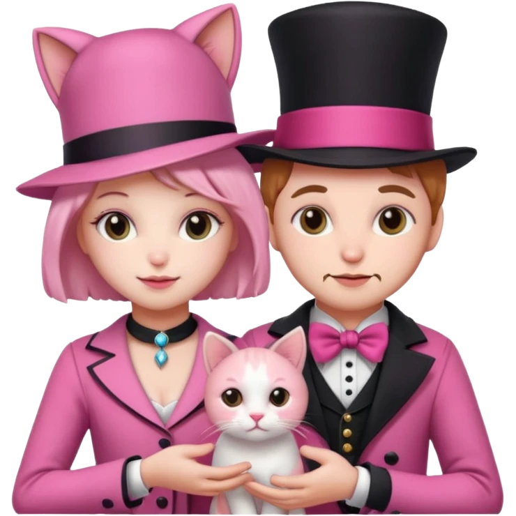 Aesthetic pink teddy magician couple and their pet cat emoji