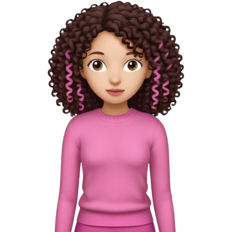 Uma menina negra da pele clara magra definida com roupa de malha rosa com cabelo cacheados  castanho escuro grandão até a cintura sem muito volume no cabelo emoji