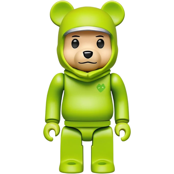 authentic bearbrick collectible figure with squared head and bear features, wearing a bright lime balaclava with defined thick eyebrows, toy design emoji