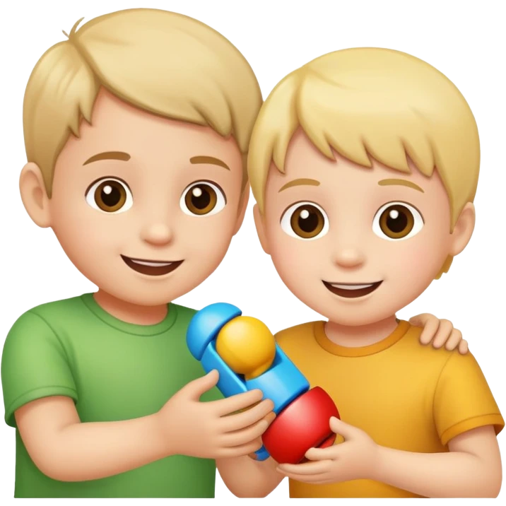 child sharing a toy with another child, cheerful and friendly emoji